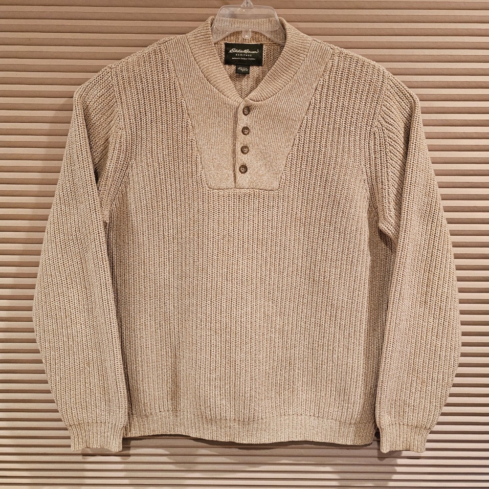 Eddie Bauer Heritage Mens Large Tall Beige Knit Ribbed 1/4 Button Henley Sweater